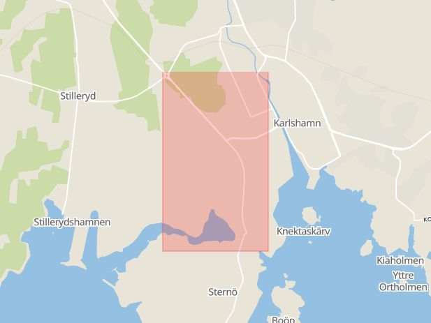 Karta som med röd fyrkant ramar in Oljehamnsvägen, Karlshamn, Blekinge län