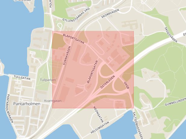 Karta som med röd fyrkant ramar in Pantarholmen, Blåportsgatan, Karlskrona, Blekinge län