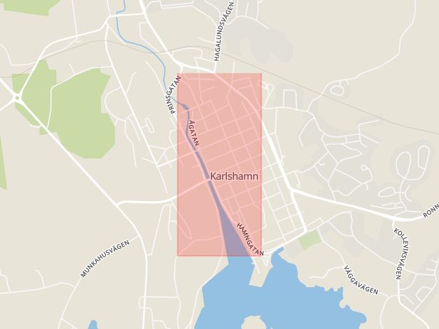 Karta som med röd fyrkant ramar in Drottninggatan, Karlshamn, Blekinge län