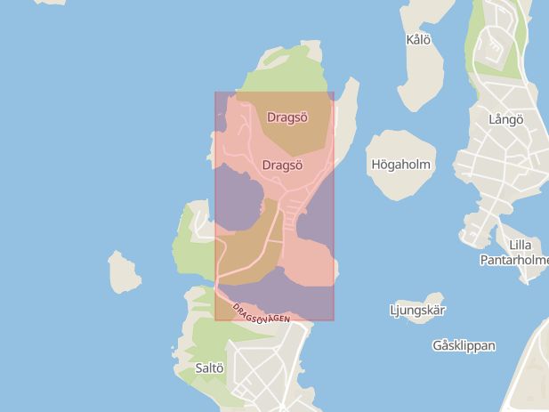 Karta som med röd fyrkant ramar in Dragsövägen, Karlskrona, Blekinge län