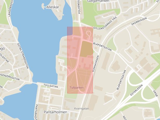 Karta som med röd fyrkant ramar in Pantarholmen, Polhemsgatan, Karlskrona, Blekinge län