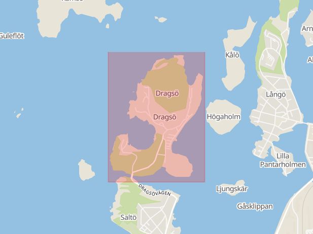 Karta som med röd fyrkant ramar in Dragsö, Karlskrona, Blekinge län