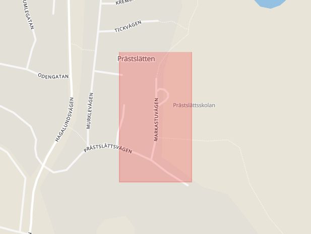 Karta som med röd fyrkant ramar in Markastuvägen, Karlshamn, Blekinge län