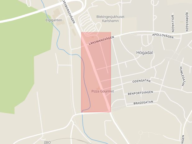 Karta som med röd fyrkant ramar in Sölvesborgsvägen, Högadal, Karlshamn, Blekinge län
