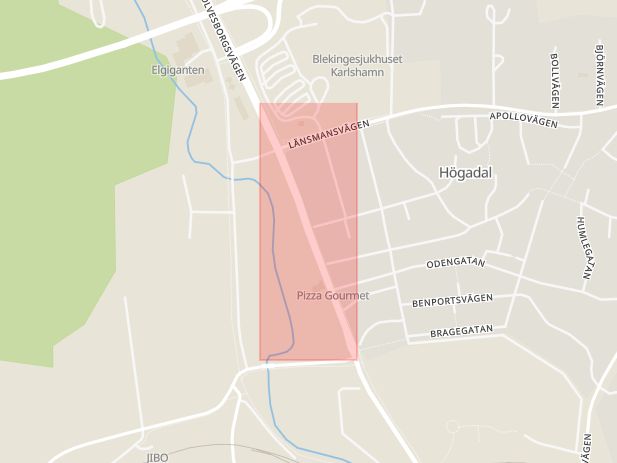 Karta som med röd fyrkant ramar in Högadal, Sölvesborgsvägen, Karlshamn, Blekinge län