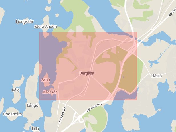 Karta som med röd fyrkant ramar in Bergåsa, Karlskrona, Blekinge län