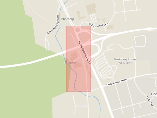 Karta som med röd fyrkant ramar in Högadal, Nyemöllevägen, Karlshamn, Blekinge län