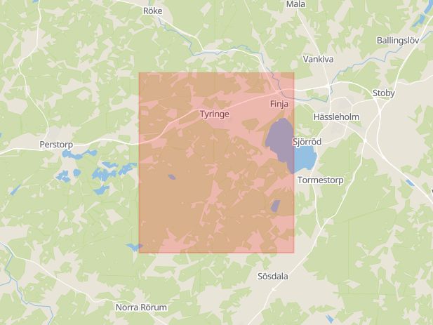 Karta som med röd fyrkant ramar in Tyringe, Perstorp, Hässleholm, Skåne län