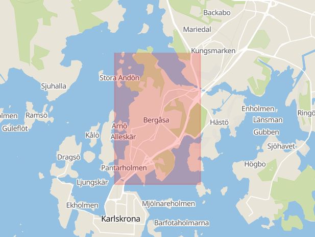 Karta som med röd fyrkant ramar in Sunnavägen, Karlskrona, Blekinge län