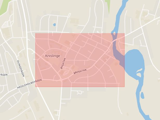Karta som med röd fyrkant ramar in Brogatan, Knislinge, Östra göinge, Skåne län