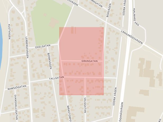 Karta som med röd fyrkant ramar in Grangatan, Höganäs, Skåne län