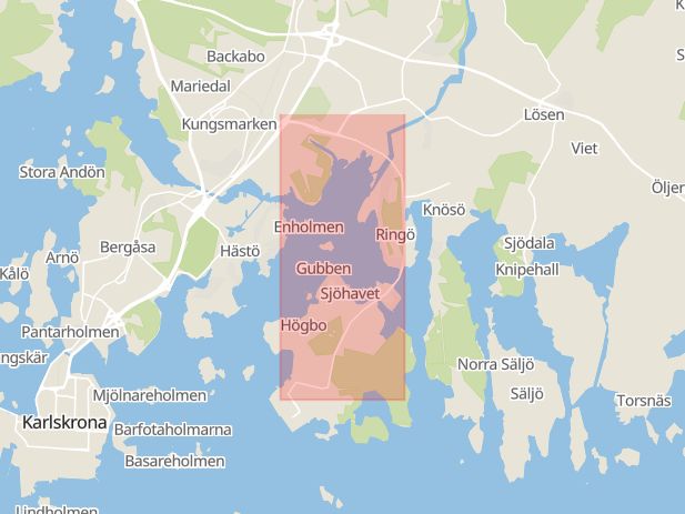 Karta som med röd fyrkant ramar in Vedeby, Verkövägen, Duon, Karlskrona, Blekinge län