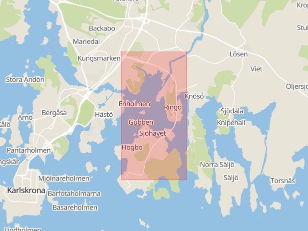 Karta som med röd fyrkant ramar in Verkövägen, Karlskrona, Blekinge län