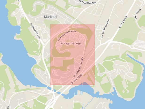 Karta som med röd fyrkant ramar in Kungsmarksvägen, Karlskrona, Blekinge län