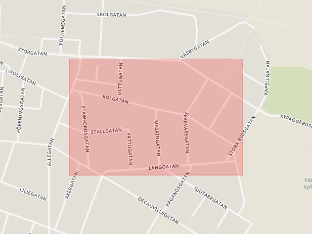 Karta som med röd fyrkant ramar in Kolgatan, Höganäs, Skåne län