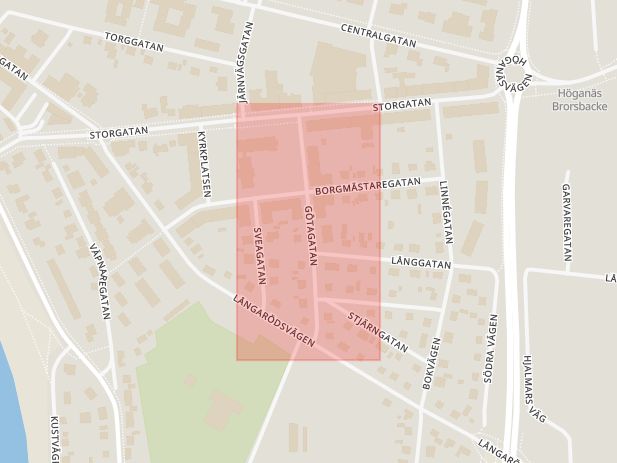 Karta som med röd fyrkant ramar in Skåne, Höganäs, Götagatan, Skåne län