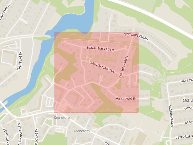Karta som med röd fyrkant ramar in Kummelvägen, Lyckeby, Karlskrona, Blekinge län