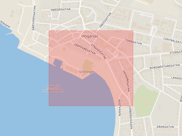 Karta som med röd fyrkant ramar in Strandgatan, Höganäs, Skåne län
