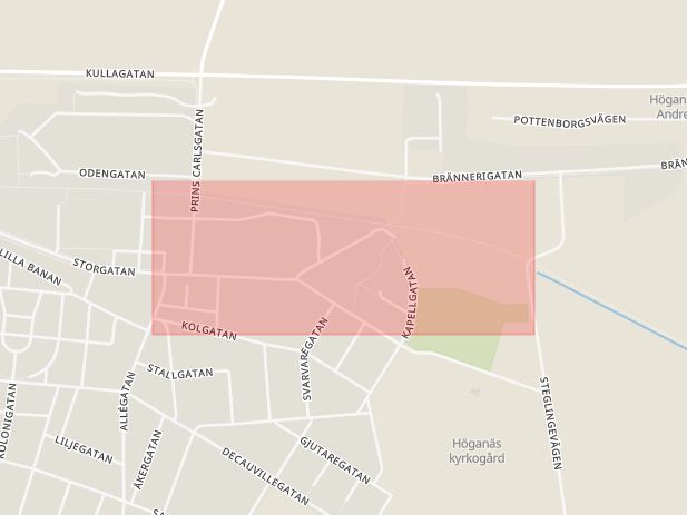 Karta som med röd fyrkant ramar in Väsbygatan, Höganäs, Skåne län