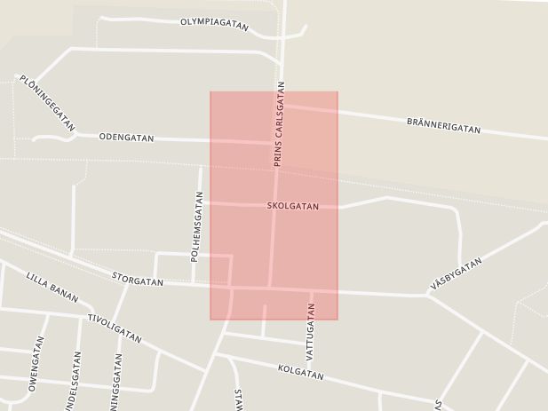 Karta som med röd fyrkant ramar in Prins Carlsgatan, Skolgatan, Höganäs, Skåne län