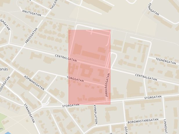 Karta som med röd fyrkant ramar in Stadshuset, Centralgatan, Höganäs, Skåne län