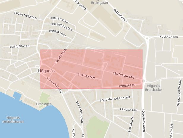 Karta som med röd fyrkant ramar in Centralgatan, Höganäs, Skåne län