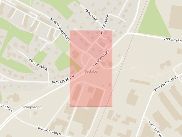 Karta som med röd fyrkant ramar in Backabo, Äppelvägen, Karlskrona, Blekinge län