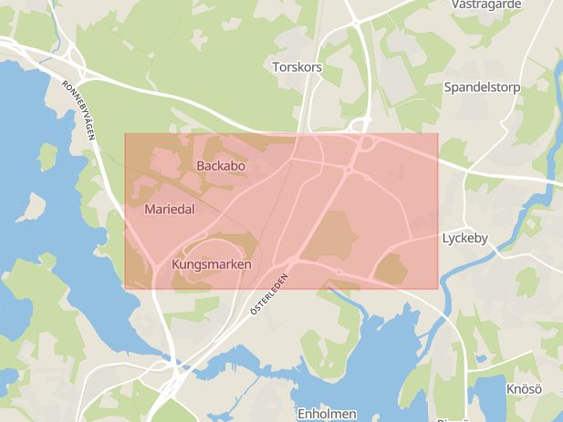 Karta som med röd fyrkant ramar in Lyckebyvägen, Karlskrona, Blekinge län