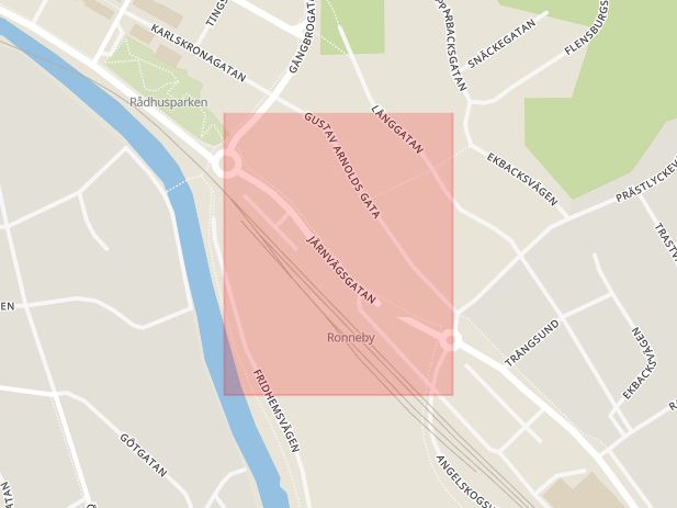 Karta som med röd fyrkant ramar in Järnvägsgatan, Ronneby, Blekinge län
