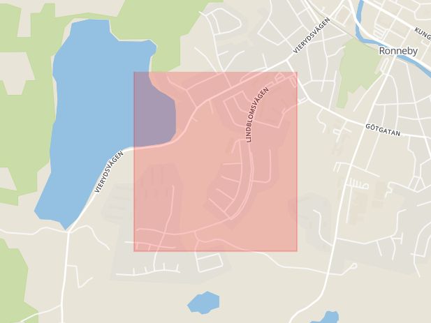 Karta som med röd fyrkant ramar in Lindblomsvägen, Ronneby, Blekinge län