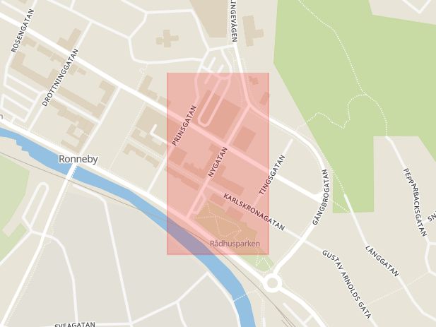 Karta som med röd fyrkant ramar in Nygatan, Ronneby, Blekinge län