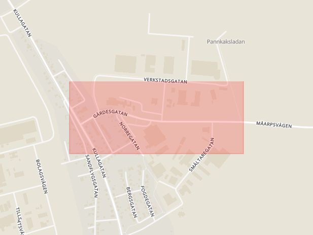 Karta som med röd fyrkant ramar in Gärdesgatan, Höganäs, Skåne län