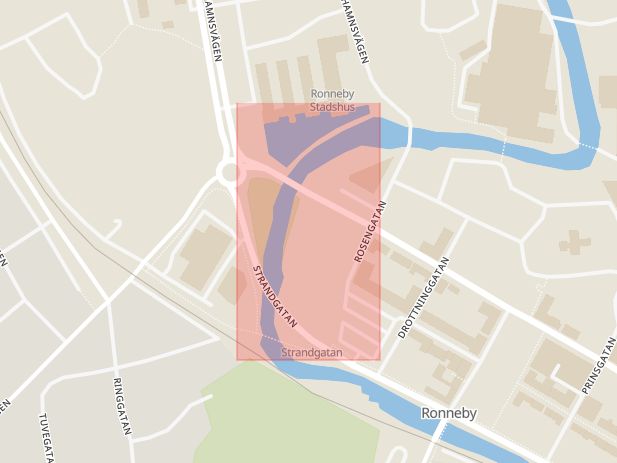 Karta som med röd fyrkant ramar in Kungsgatan, Karlskrona, Ronneby, Blekinge län