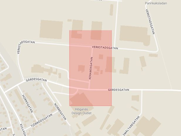 Karta som med röd fyrkant ramar in Keramikgatan, Höganäs, Skåne län