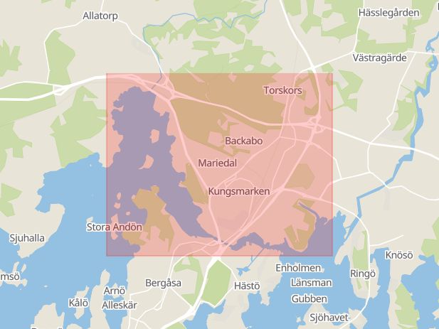 Karta som med röd fyrkant ramar in Kungsmarken, Karlskrona, Blekinge län