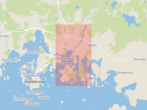 Karta som med röd fyrkant ramar in Lösen, Lyckeby, Karlskrona, Blekinge län