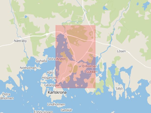Karta som med röd fyrkant ramar in Österleden, Karlskrona, Blekinge län