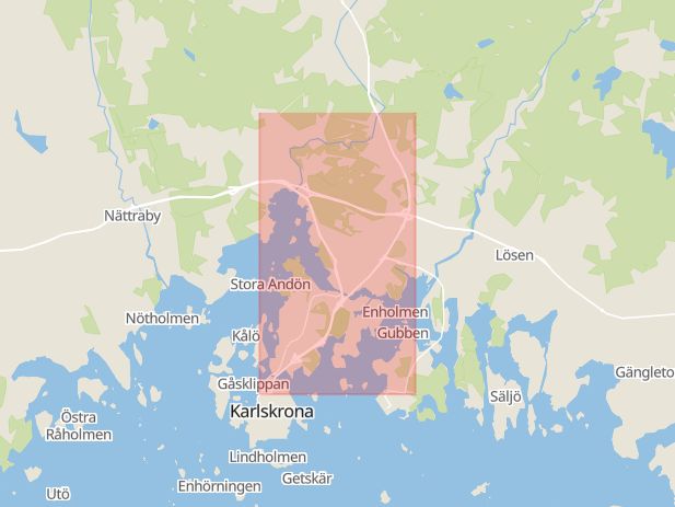 Karta som med röd fyrkant ramar in Österleden, Vedeby, Karlskrona, Blekinge län