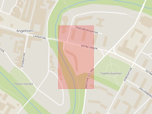 Karta som med röd fyrkant ramar in Östra Vägen, Stadshuset, Ängelholm