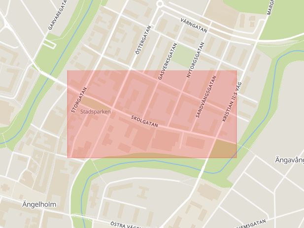 Karta som med röd fyrkant ramar in Skolgatan, Ängelholm, Skåne län