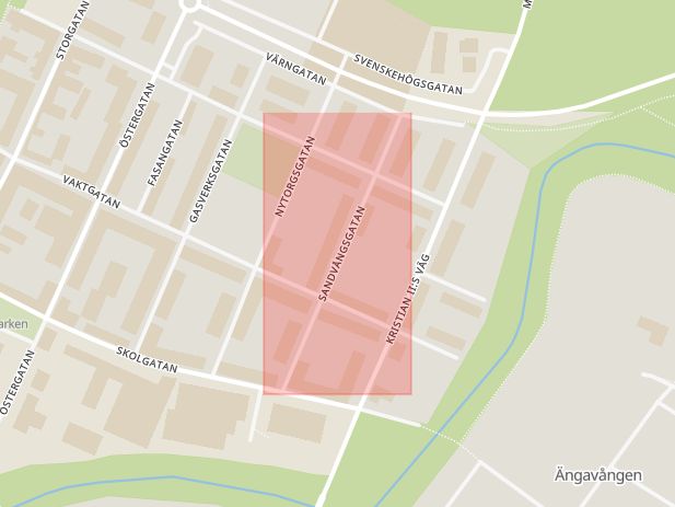 Karta som med röd fyrkant ramar in Sandvångsgatan, Ängelholm, Skåne län