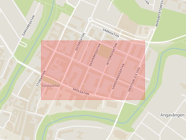 Karta som med röd fyrkant ramar in Vaktgatan, Ängelholm, Skåne län