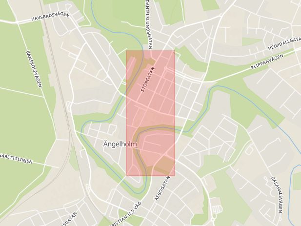 Karta som med röd fyrkant ramar in Östergatan, Ängelholm, Skåne län