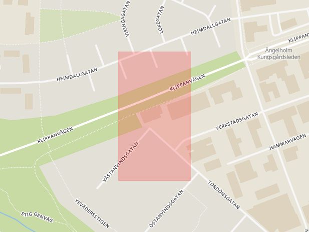 Karta som med röd fyrkant ramar in Verkstadsgatan, Klippanvägen, Ängelholm, Skåne län