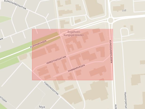 Karta som med röd fyrkant ramar in Verkstadsgatan, Hjärnarp, Ängelholm, Skåne län