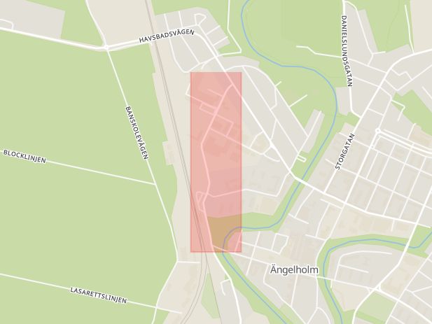 Karta som med röd fyrkant ramar in Industrigatan, Ängelholm, Skåne län