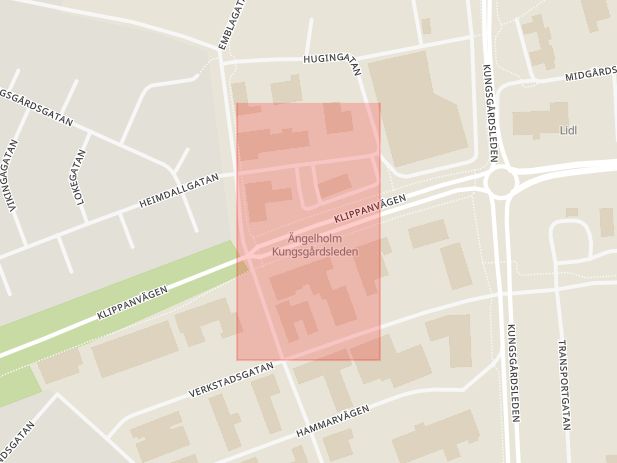 Karta som med röd fyrkant ramar in Kungsgårdsleden, Klippanvägen, Ängelholm, Skåne län