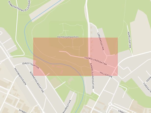 Karta som med röd fyrkant ramar in Thorslundsgatan, Ängelholm, Skåne län