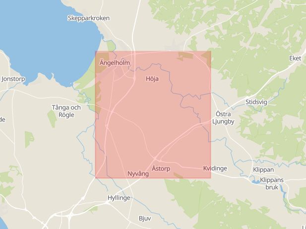 Karta som med röd fyrkant ramar in Ängelholm, Bjuv, Skåne län