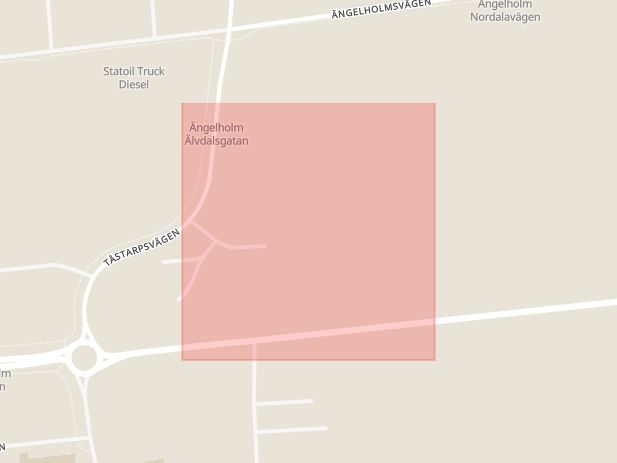 Karta som med röd fyrkant ramar in Nordalagatan, Ängelholm, Skåne län